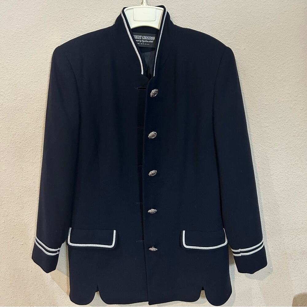 Herbert Grossman Women’s Wool Blazer Jacket Navy Silver Trim Size 14 Vintage